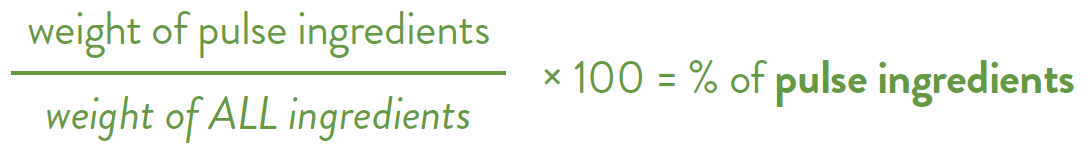 weight of pulse ingredients / weight of all ingredients * 100 = % pulse ingredients